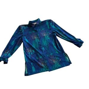 Top Notch Button Down Shirt Women 8 Blue Teal Floral Ikat Vintage Made in USA